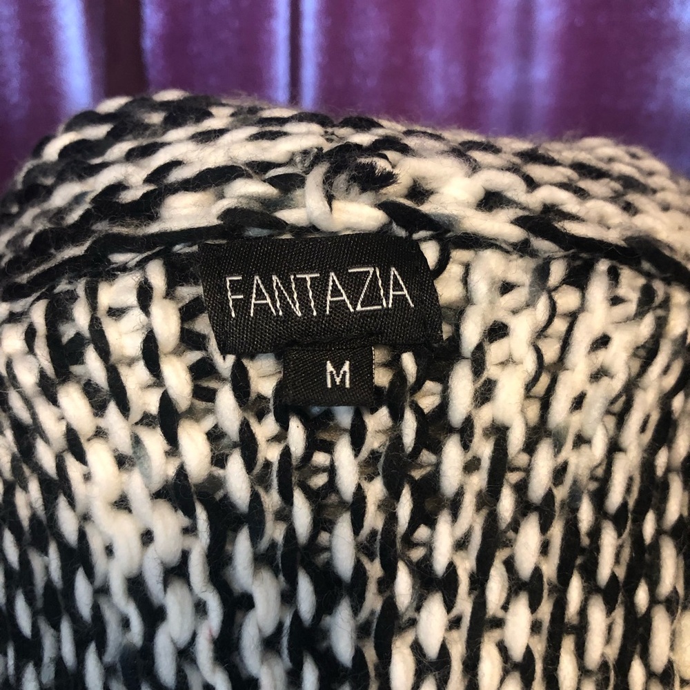Fantazia Long Open Front Marled Fringe Cardigan Sweater Black And White - Picture 6 of 7